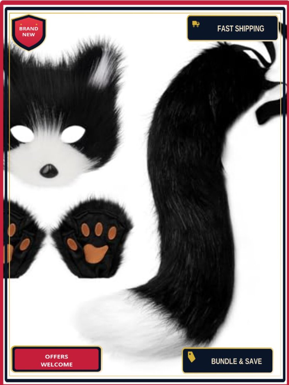 Faux Fur Fox Tail Cat Wolf Set Plush Mask Fluffy Paw Gloves Halloween Party